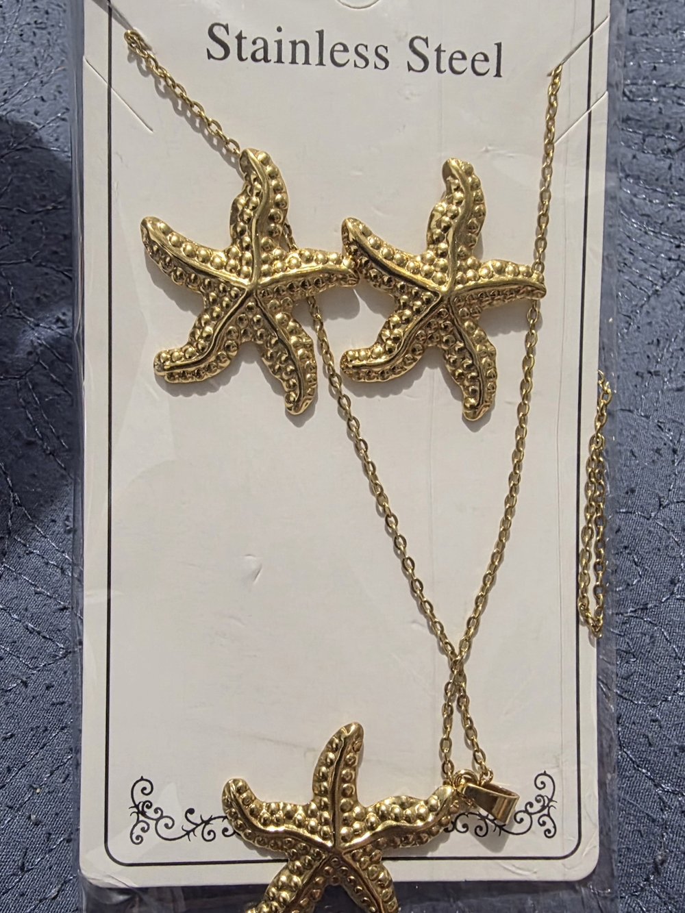 Gold Starfish Necklace and Earring Set - Stainless Steel